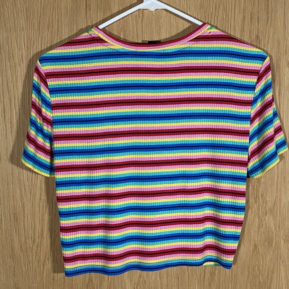 Forever 21 Rainbow Crop Top 90's Baby Tee Festival Stretch Stripes Sz Lg - Picture 2 of 5